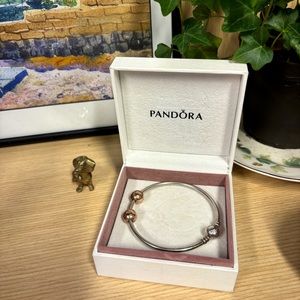 Pandora Moments Bangle charm bracelet with Rose Gold stopper clips